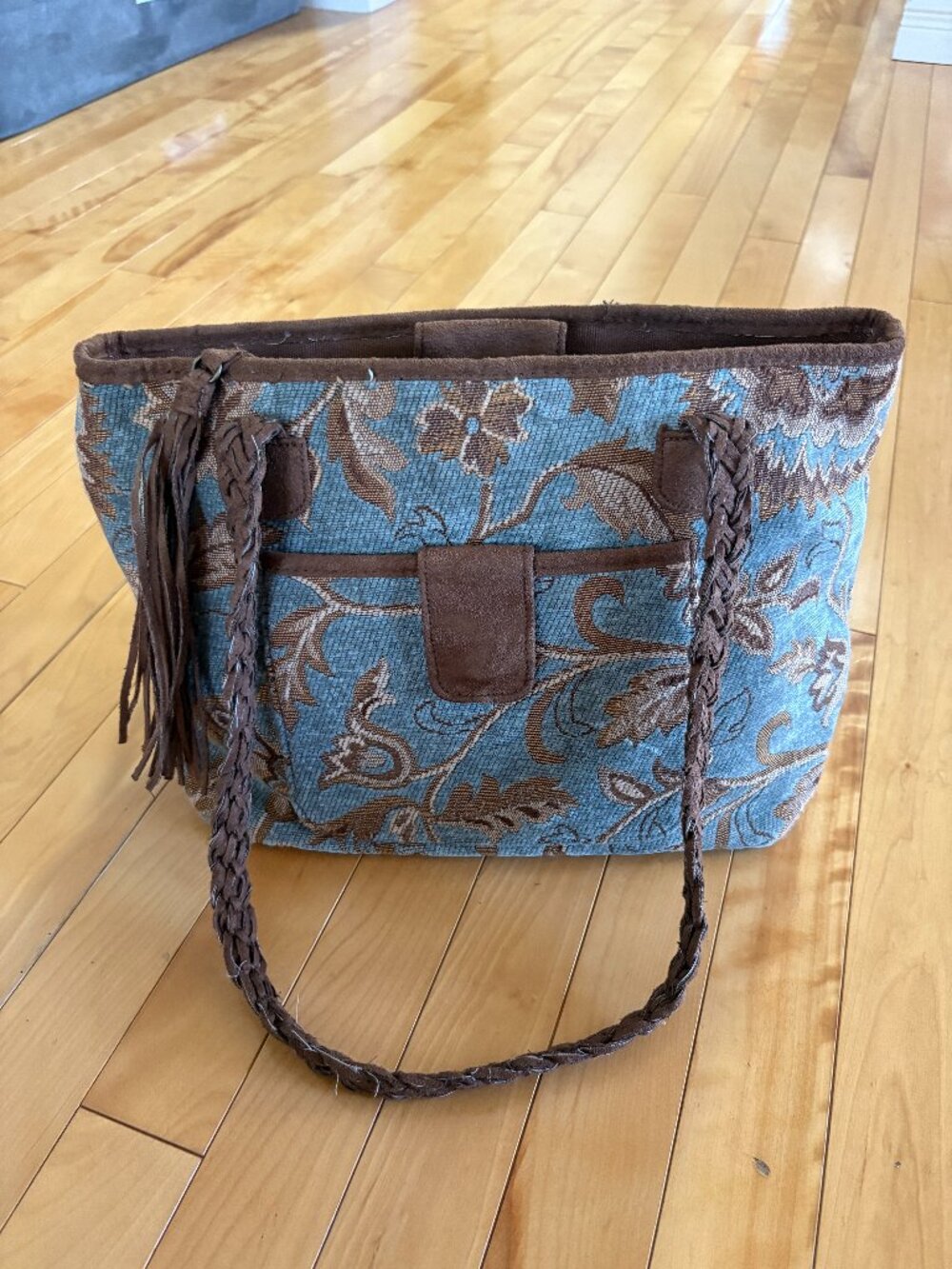 Vintage Tapestry Purse Handbag Floral Design Blue Brown Braided Handles Western